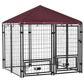PawHut 5' x 5' x 5' Dog Kennel Outdoor with Rotating Bowl Holders, Walk-in Pet Playpen, Welded Wire Steel Dog Fence with Water-and UV-Resistant Canopy, Black and Red W2225P166430