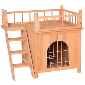 PawHut 2-Level Wooden Cat House, Outdoor Dog Shelter Cat Condo with Lockable Wire Door and Balcony, Natural Wood W2225P166438