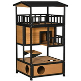 PawHut Wooden Outdoor Cat House, Feral Cat Shelter Kitten Tree with asphalt Roof, Escape Doors, Condo, Jumping Platform, Yellow W2225P166439