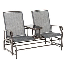 Outsunny Outdoor Glider Bench with Center Table, Metal Frame Patio Loveseat with Breathable Mesh Fabric and Armrests for Backyard Garden Porch, Gray W2225P172485