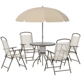 Outsunny 6 Piece Patio Dining Set for 4 with Umbrella, Outdoor Table and Chairs with 4 Folding Dining Chairs & Round Glass Table for Garden, Backyard and Poolside, Beige W2225P172552