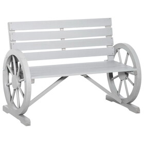 Outsunny 41" Wooden Wagon Wheel Bench, Rustic Outdoor Patio Weather Resistance Furniture, 2-Person Slatted Seat Bench with Backrest, Light Gray W2225P172565