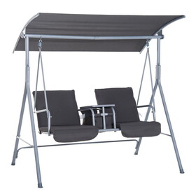 Outsunny 2 Person Porch Swing with Stand, Outdoor Swing with Canopy, Pivot Storage Table, 2 Cup Holders, Cushions for Patio, Backyard, Gray W2225P172566