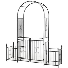 Outsunny 86" Garden Arbor Arch Gate with Trellis Sides for Climbing Plants, Wedding Ceremony Decorations, Grape Vines with Locking Doors, Planter Baskets, Flourishes & Arrow Tips, Black W2225P172574