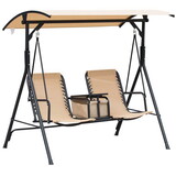 Outsunny 2-Seat Patio Swing Chair, Outdoor Canopy Swing Glider with Pivot Storage Table, Cup Holder, Adjustable Shade, Bungie Seat Suspension and Weather Resistant Steel Frame, Beige W2225P172584