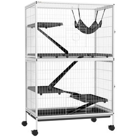 PawHut 50" H 5-Tier Small Animal Cage, Ferret Cage, Large Chinchilla Cage with Hammock Accessory Heavy-Duty Steel Wire, Small Animal Habitat with 4 Doors, Removable Tray, White