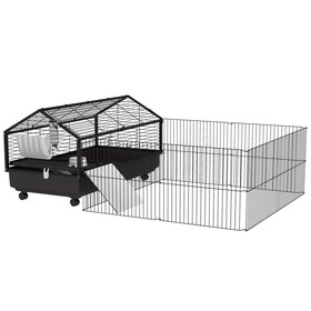 PawHut Small Animal Cage with Foldable Run Area, Rolling Bunny Cage, Guinea Pig Cage, Hedgehog Cage with Water Bottle, Water Bowl, and Ramps, 46.5"