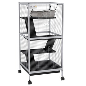 PawHut Metal Small Animal Cage Rolling Big Ferret Cage, Chinchilla Cage, Sugar Glider Cage, with Hammock & 4 Tiers, Removable Tray, White
