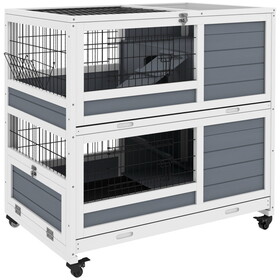 PawHut Indoor Rabbit Hutch with Wheels, 2-Tier Rabbit Cage, 35.5" Wooden Guinea Pig Cage with Feeding Trough, Removable Trays, Ramps & Openable Top for 1-2 Rabbits, Gray