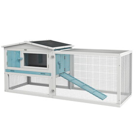 PawHut Rabbit Hutch 2-Story Bunny Cage Small Animal House with Slide Out Tray, Detachable Run, for Indoor Outdoor, 61.5" x 23" x 27", Light Blue