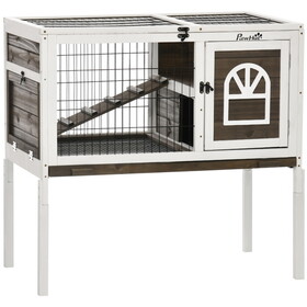 PawHut Wooden Rabbit Hutch, Indoor Elevated Guinea Pig Cage with Run, Ladder, Lockable Doors and Removable Tray, Coffee