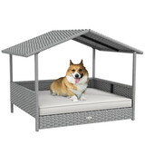 PawHut Wicker Dog House Outdoor with Canopy, Rattan Dog Bed with Water-resistant Cushion, for Small and Medium Dogs, Cream White