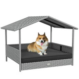 PawHut Wicker Dog House Outdoor with Canopy, Rattan Dog Bed with Water-resistant Cushion, for Small and Medium Dogs, Gray