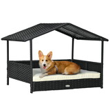 PawHut Wicker Dog House Outdoor with Canopy, Rattan Dog Bed with Water-resistant Cushion, for Small and Medium Dogs, Cream White W2225P173752