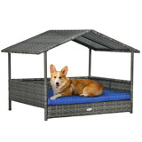 PawHut Wicker Dog House Outdoor with Canopy, Rattan Dog Bed with Water-resistant Cushion, for Small and Medium Dogs, Dark Blue