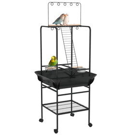 PawHut Bird Stand with Wheels, Parrot Stand with Perches, Stainless Steel Feed Bowls, Pull-Out Tray, Toy Hanger, Bird Play Stand for Indoor Outdoor Small Parrot, Dark Gray