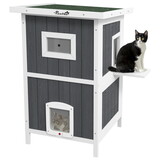 PawHut Outdoor Cat House, Wooden Cat House 2 Tiers Cat Shelter with Weatherproof Roof, Removable Floor, Escape Doors, for 1-2 Cats, Gray