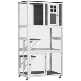 PawHut 74" Wooden Outdoor Cat House Weatherproof & Wheeled, Catio Outdoor Cat Enclosure with High Weight Capacity, Kitten Cage Condo, Gray