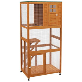 PawHut 74" Wooden Outdoor Cat House Weatherproof & Wheeled, Catio Outdoor Cat Enclosure with High Weight Capacity, Kitten Cage Condo, Orange