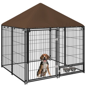 PawHut Outside Dog Kennel, 4.6' x 4.6' x 5' Puppy Play Pen with Canopy, Garden Playpen Fence Crate Enclosure Cage Rotating Bowl, Black