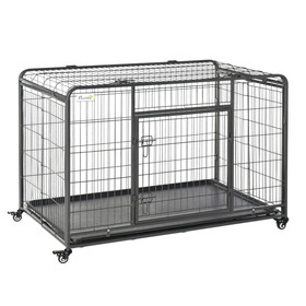 PawHut Folding Design Heavy Duty Metal Dog Cage Crate & Kennel with Removable Tray and Cover, & 4 Locking Wheels, Indoor/Outdoor 49" W2225P173785