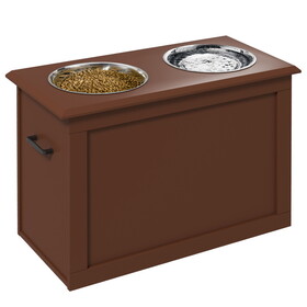 PawHut Raised Pet Feeding Storage Station with 2 Stainless Steel Bowls Base for Large Dogs and Other Large Pets, Brown W2225P173803