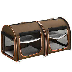 PawHut 39" Portable Soft-Sided Pet Cat Carrier with Divider, Two Compartments, Soft Cushions, & Storage Bag, Brown