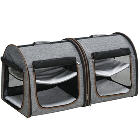 PawHut 39" Portable Soft-Sided Pet Cat Carrier with Divider, Two Compartments, Soft Cushions, & Storage Bag, Grey W2225P173812