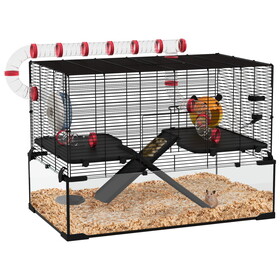 PawHut 31" Extra Large Hamster Cage with Tube Tunnel, Small Animal Cage for Dwarf Hamster, Rat, Gerbil Cage with Deep Glass Bottom, Water Bottle, Food Dish, Exercise Wheel, Ramps W2225P173816