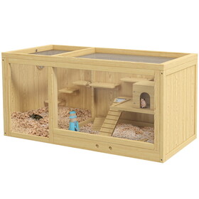 PawHut Wooden Hamster Cage, Extra Large Gerbil Cage, Multi-Layer Small Animal Cage for Dwarf Hamster, Activity Center with Pull-out Tray, Seesaws, Water Bottle, Ladder, Openable Top