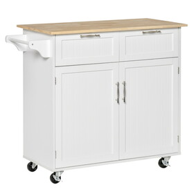 HOMCOM 41" Modern Rolling Kitchen Island on Wheels, Utility Cart Storage Trolley with Rubberwood Top & Drawers, White W2225P173897
