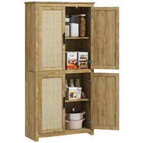 HOMCOM 64" Rattan Kitchen Storage Cabinet with Adjustable Shelf, Natural