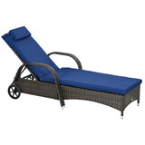 Outsunny Wicker Outdoor Chaise Lounge, 5-Level Adjustable Backrest PE Rattan Pool Lounge Chair with Wheels, Cushion & Headrest, Brown and Dark Blue