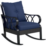 Outsunny Outdoor Wicker Rocking Chair with Padded Cushions, Aluminum Furniture Rattan Porch Rocker Chair w/ Armrest for Garden, Patio, and Backyard, Navy Blue
