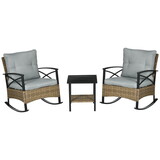 Outsunny 3 Piece Patio Rocking Chair Set, Outdoor Wicker Bistro Set with 2 Cushioned Porch Rockers and 2 Tier Coffee Table for Garden, Porch, Backyard, Light Gray