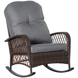 Outsunny Outdoor Wicker Rocking Chair with Wide Seat, Thick, Soft Cushion, Rattan Rocker w/Steel Frame, High Weight Capacity for Patio, Garden, Backyard, Grey