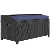 Outsunny Outdoor Wicker Storage Bench Deck Box, PE Rattan Patio Furniture Pool Storage Bin Container with Interior Waterproof Cloth Bag and Comfortable Cushion, Navy Blue W2225P174025