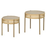 Outsunny 2 Piece Wicker Patio Table Set, PE Rattan End Table Set, Outdoor Round Coffee Table Set, Multi-Functional, Slatted Metal Top, Brown W2225P174032