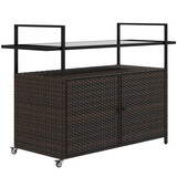 Outsunny PE Rattan Outdoor Bar Table, Outdoor Kitchen Island with 2-Tier Shelf & Cabinet, Patio Serving Cart with Glass Top, Handles, Towel Racks for Poolside, Garden, Mixed Brown W2225P174034