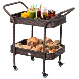 Outsunny Rattan Wicker Serving Cart with 2-Tier Open Shelf, Outdoor Wheeled Bar Cart with Brakes for Poolside, Garden, Patio W2225P174035