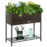 Outsunny Raised Garden Bed, Elevated Planter Box with Rattan Wicker Look, Tool Storage Shelf, Portable Design for Herbs, Vegetables, Flowers, Brown