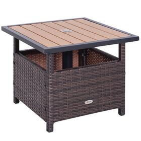 Outsunny 22" Rattan Wicker Side Table with Steel Frame, Umbrella Insert Hole, Sand Bag for Outdoor, Patio, Garden, Backyard, Brown