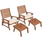 Outsunny 4 Pieces Patio Chairs with Cushion, Outdoor Dining Chairs Set of 4, Acacia Wood Seat with Footstools, Slatted Seat & Backrest, Armrests, Cream White