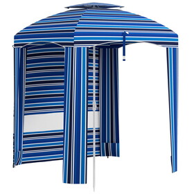 Outsunny 5.8' x 5.8' Portable Beach Umbrella with Double-Top, Ruffled Outdoor Cabana with Walls, Vents, Sandbags, Carry Bag, Blue Stripe
