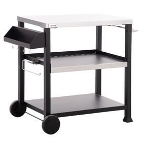 Outsunny Three-Shelf Outdoor Grill Cart with Stainless Steel Tabletop, Side Handle, 32" x 20.5" Multifunctional Pizza Oven Stand, Movable Food Prep Table on Wheels, Black W2225P174292