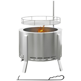 Outsunny 2-in-1 Smokeless Fire Pit, BBQ Grill, 19" Portable Wood Burning Firepit with Cooking Grate and Poker, Low Smoke Camping Bonfire Stove for Backyard Patio Picnic, Stainless Steel, Silver