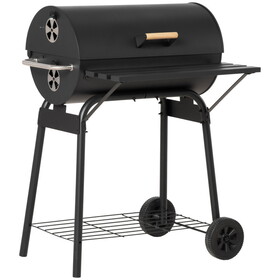 Outsunny 30" Portable Barrel Charcoal BBQ Grill, Steel Outdoor Barbecue Smoker with Storage Shelf, Wheels for Garden Camping Picnic, Black W2225P174308