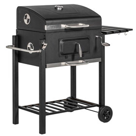 Outsunny Charcoal BBQ Grill, Outdoor Portable Cooker for Camping or Backyard Picnic with Side Table, Bottom Storage Shelf, Wheels and Handle, Black