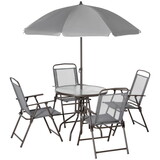Outsunny 6 Piece Patio Dining Set for 4 with Umbrella, Outdoor Table and Chairs with 4 Folding Dining Chairs & Round Glass Table for Garden, Backyard and Poolside, Gray W2225P174318