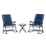 Outsunny 3 Piece Outdoor Patio Furniture Set with Glass Coffee Table & 2 Folding Padded Rocking Chairs, Bistro Style for Porch, Camping, Balcony, Navy Blue W2225P174319